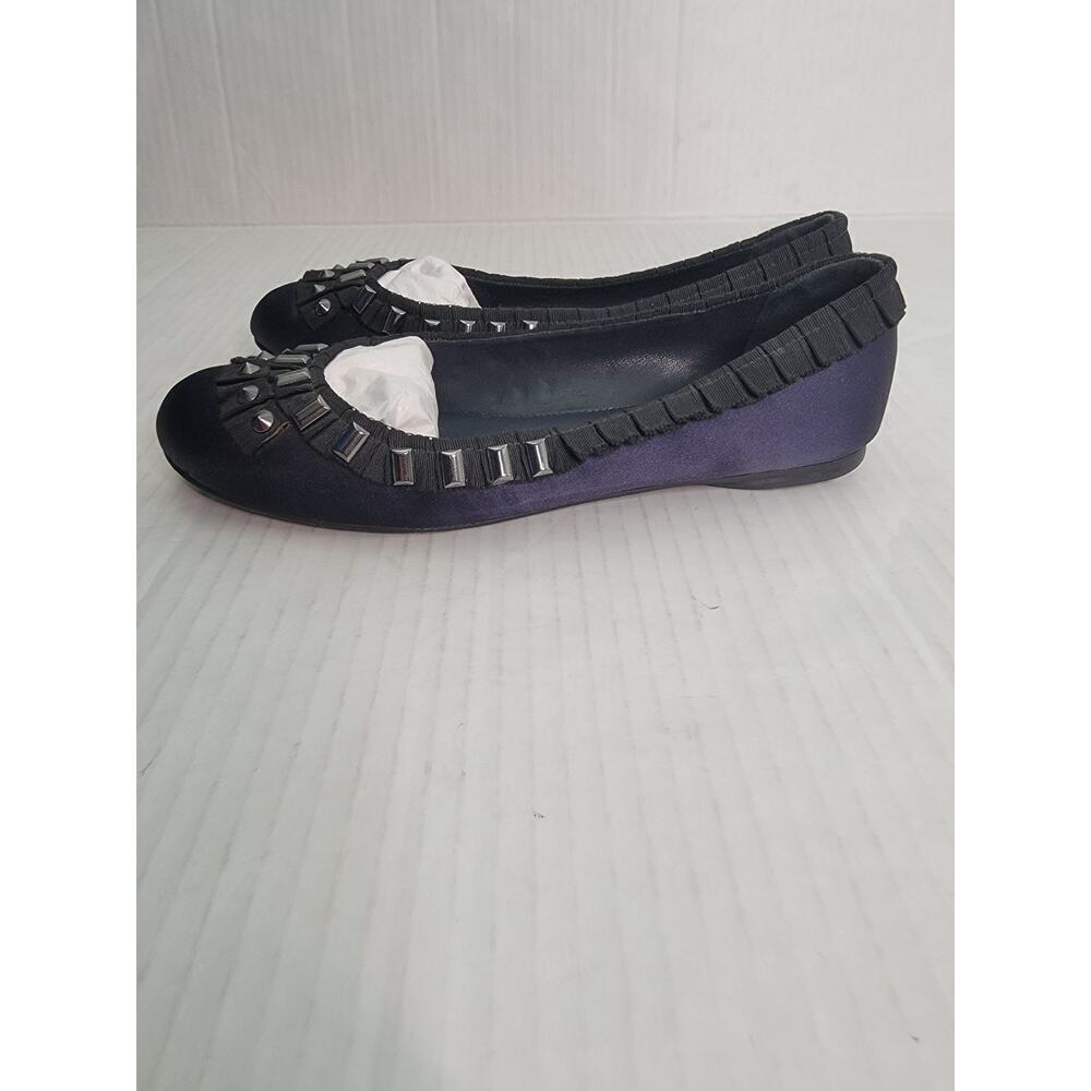 Tory Burch Ballet Flat Size 10M Erin Grosgrain Ribbon Studded Satin Navy Black - Picture 2 of 10
